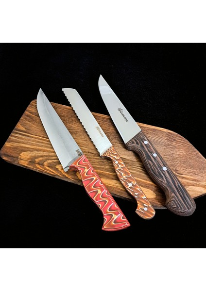 N690 Çelik Pro Kelle Bıçağı, Steak Bıçağı , Ekmek Bıçağı , Et Bıçağı Seti 3 'lü Paket