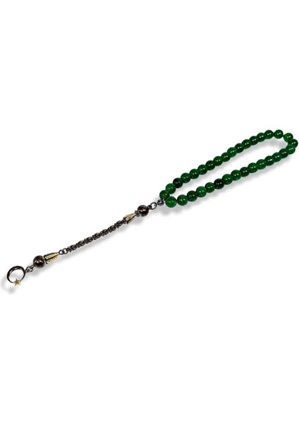 Ay Yıldızlı Yeşil Akik Taşı Gümüş Tesbih