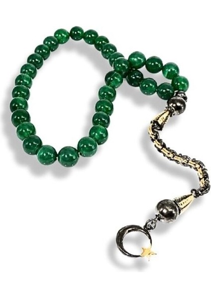 Ay Yıldızlı Yeşil Akik Taşı Gümüş Tesbih modelleri