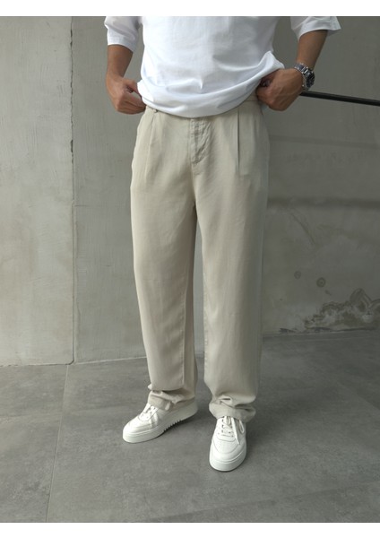 Erkek Pamuklu Kumaş Bej Baggy Pantolon