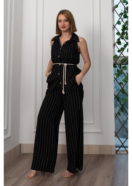 Çizgili Kolsuz Gömlek ve Bol Paça Pantolon 1253