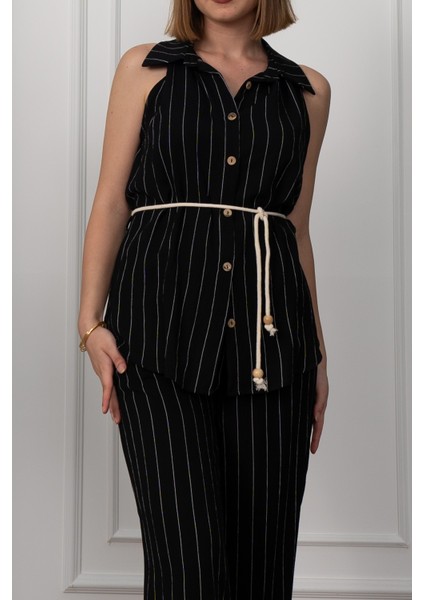 Çizgili Kolsuz Gömlek ve Bol Paça Pantolon 1253 modelleri