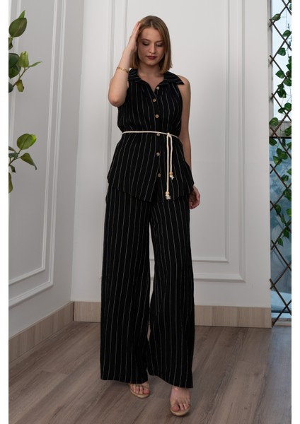 Çizgili Kolsuz Gömlek ve Bol Paça Pantolon 1253 indirimleri