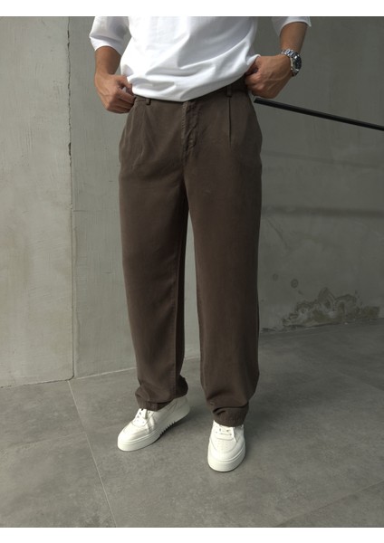 Erkek Pamuklu Kumaş Kahve Baggy Pantolon