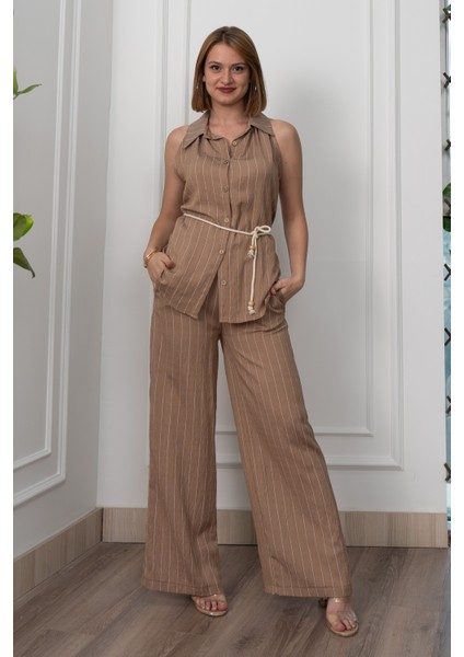 Çizgili Kolsuz Gömlek ve Bol Paça Pantolon 1253