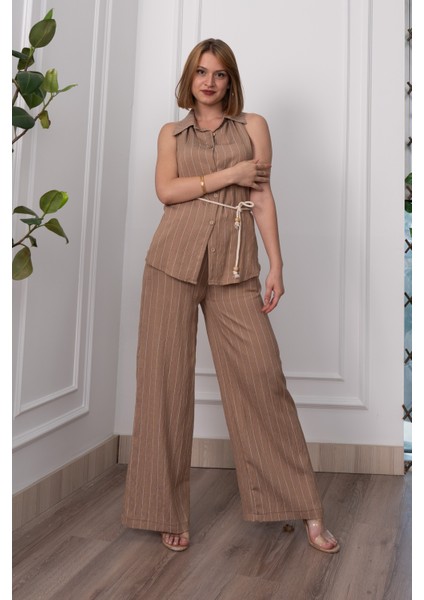 Çizgili Kolsuz Gömlek ve Bol Paça Pantolon 1253 indirimleri