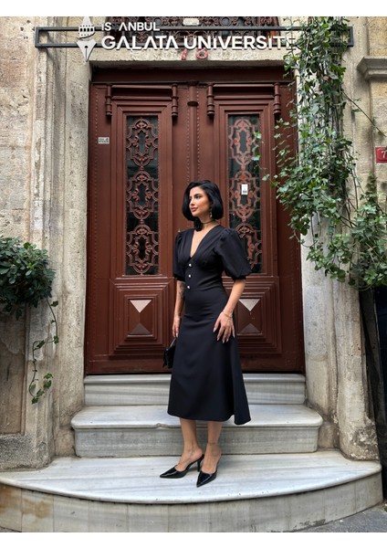 Karpuz Kol Önü Düğmeli Midi Elbise