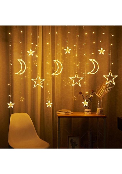 Ay Hilal Yıldız LED Günışığı Ramazan Bayramı Yeni Yıl 3 Metre Sarı Fişli 12 Saçak 8 Mod fiyatları