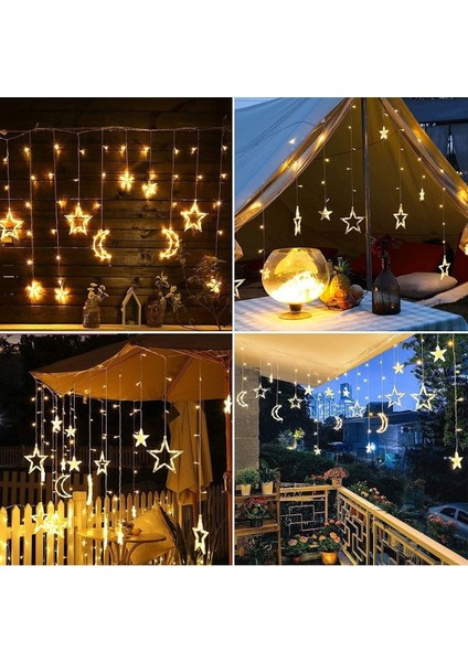 Ay Hilal Yıldız LED Günışığı Ramazan Bayramı Yeni Yıl 3 Metre Sarı Fişli 12 Saçak 8 Mod modelleri