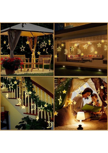 Ay Hilal Yıldız LED Günışığı Ramazan Bayramı Yeni Yıl 3 Metre Sarı Fişli 12 Saçak 8 Mod fırsatları