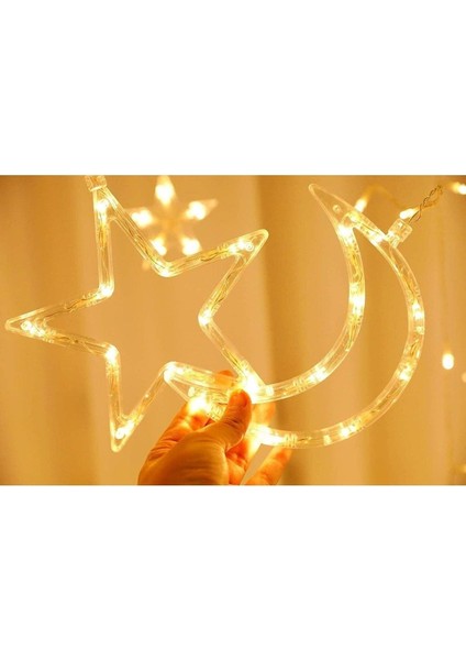 Ay Hilal Yıldız LED Günışığı Ramazan Bayramı Yeni Yıl 3 Metre Sarı Fişli 12 Saçak 8 Mod indirimleri