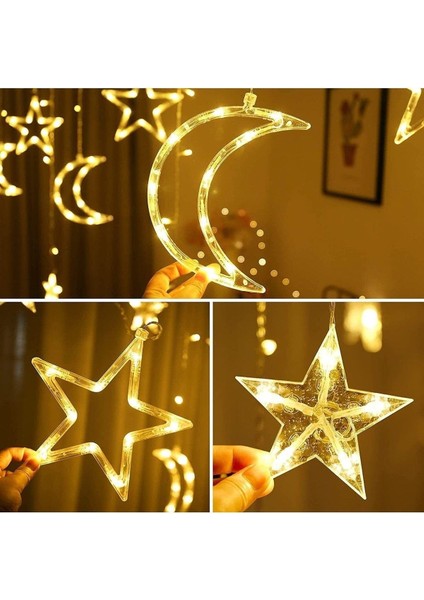 Ay Hilal Yıldız LED Günışığı Ramazan Bayramı Yeni Yıl 3 Metre Sarı Fişli 12 Saçak 8 Mod