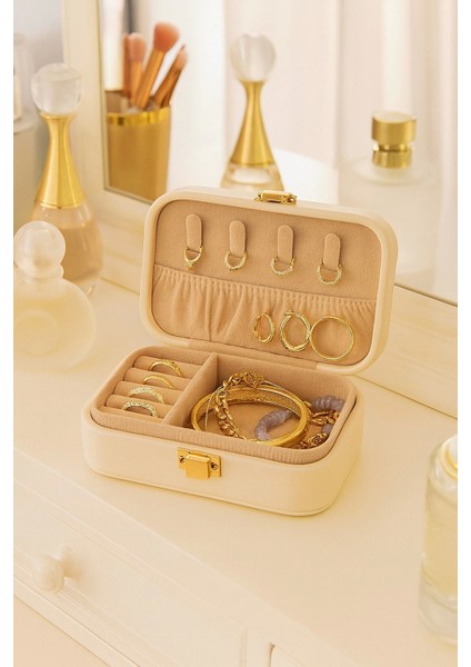 Deri Midi Seyahat Takı Bijuteri Mücevher Kutusu Organizer Düzenleyici 12CM Krem Ithal Ürün