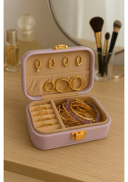 Deri Midi Seyahat Takı Bijuteri Mücevher Kutusu Organizer Düzenleyici 12CM Lila Ithal Ürün