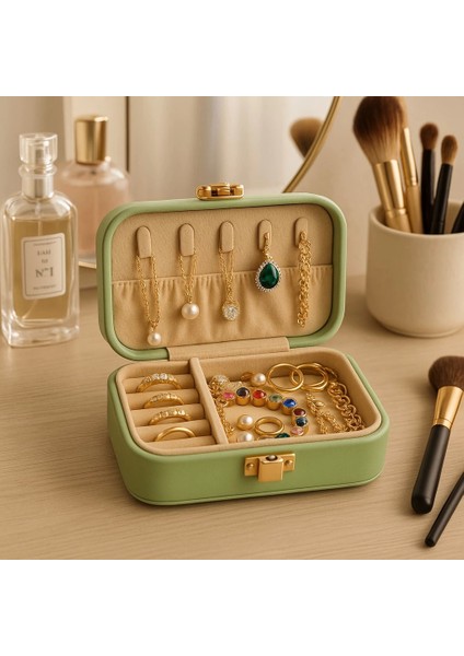 Deri Midi Seyahat Takı Bijuteri Mücevher Kutusu Organizer Düzenleyici 12CM Yeşil Ithal Ürün