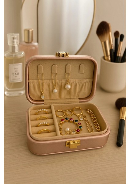 Deri Midi Seyahat Takı Bijuteri Mücevher Kutusu Organizer Düzenleyici 12CM Pembe Ithal Ürün
