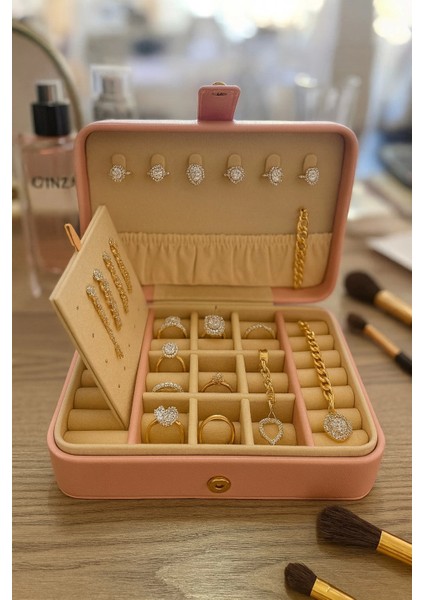 Deri Baklava Desenli Seyahat Takı Bijuteri Mücevher Kutusu Organizer Düzenleyici 16CM Pembe Ithal Ürün