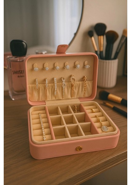 Deri Baklava Desenli Seyahat Takı Bijuteri Mücevher Kutusu Organizer Düzenleyici 16CM Pembe Ithal Ürün fiyatları