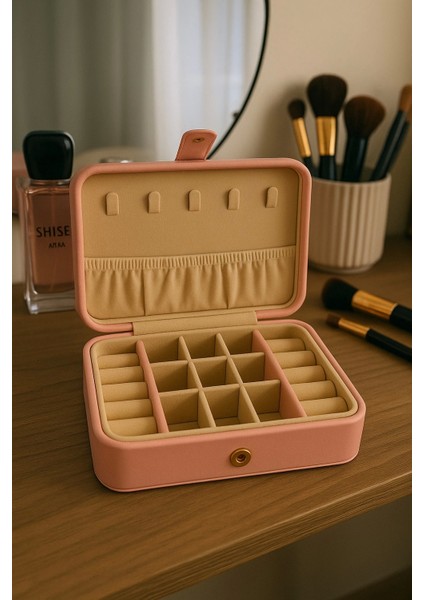 Deri Baklava Desenli Seyahat Takı Bijuteri Mücevher Kutusu Organizer Düzenleyici 16CM Pembe Ithal Ürün modelleri