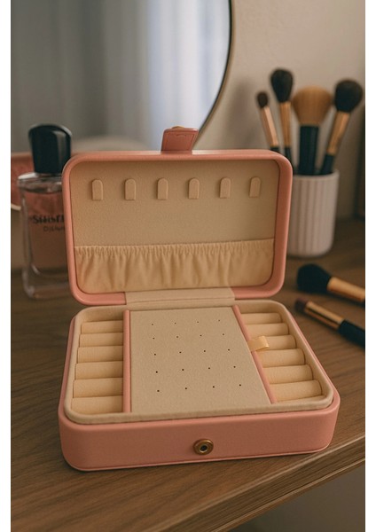 Deri Baklava Desenli Seyahat Takı Bijuteri Mücevher Kutusu Organizer Düzenleyici 16CM Pembe Ithal Ürün fırsatları