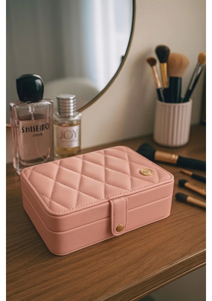 Deri Baklava Desenli Seyahat Takı Bijuteri Mücevher Kutusu Organizer Düzenleyici 16CM Pembe Ithal Ürün indirimleri