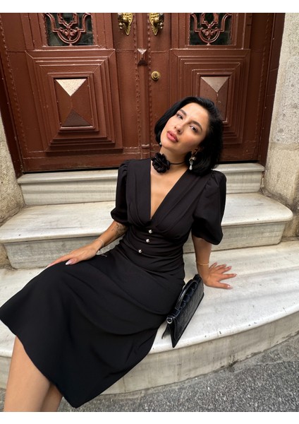 Karpuz Kol Önü Düğmeli Midi Elbise fiyatları