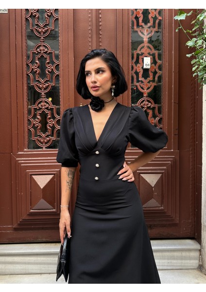 Karpuz Kol Önü Düğmeli Midi Elbise indirimleri