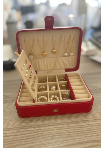 Deri Baklava Desenli Seyahat Takı Bijuteri Mücevher Kutusu Organizer Düzenleyici 16CM Kırmızı Ithal Ürün modelleri