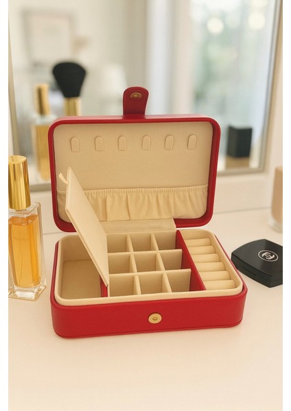 Deri Baklava Desenli Seyahat Takı Bijuteri Mücevher Kutusu Organizer Düzenleyici 16CM Kırmızı Ithal Ürün fırsatları