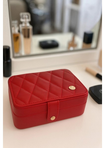 Deri Baklava Desenli Seyahat Takı Bijuteri Mücevher Kutusu Organizer Düzenleyici 16CM Kırmızı Ithal Ürün indirimleri