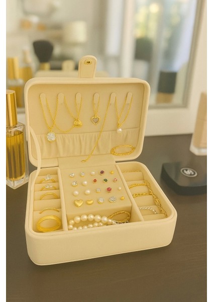 Deri Baklava Desenli Seyahat Takı Bijuteri Mücevher Kutusu Organizer Düzenleyici 16CM Krem Ithal Ürün