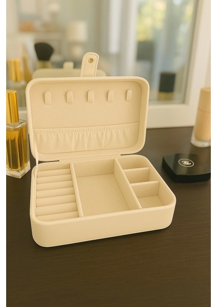 Deri Baklava Desenli Seyahat Takı Bijuteri Mücevher Kutusu Organizer Düzenleyici 16CM Krem Ithal Ürün fiyatları