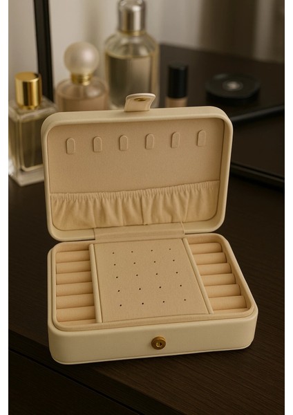 Deri Baklava Desenli Seyahat Takı Bijuteri Mücevher Kutusu Organizer Düzenleyici 16CM Krem Ithal Ürün modelleri
