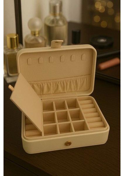 Deri Baklava Desenli Seyahat Takı Bijuteri Mücevher Kutusu Organizer Düzenleyici 16CM Krem Ithal Ürün fırsatları