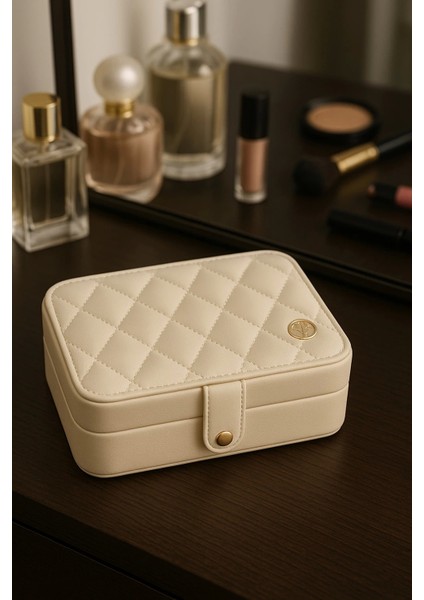 Deri Baklava Desenli Seyahat Takı Bijuteri Mücevher Kutusu Organizer Düzenleyici 16CM Krem Ithal Ürün indirimleri