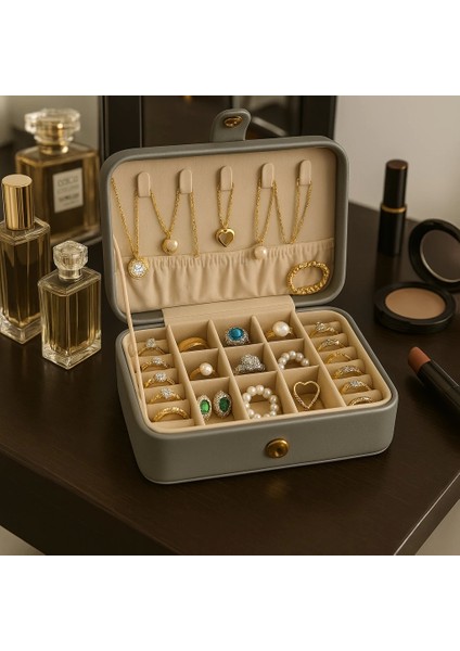 Deri Baklava Desenli Seyahat Takı Bijuteri Mücevher Kutusu Organizer Düzenleyici 16CM Gri Ithal Ürün