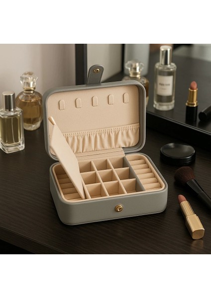Deri Baklava Desenli Seyahat Takı Bijuteri Mücevher Kutusu Organizer Düzenleyici 16CM Gri Ithal Ürün fiyatları