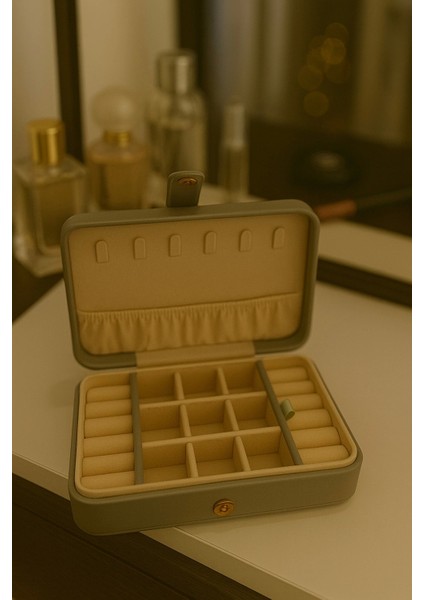 Deri Baklava Desenli Seyahat Takı Bijuteri Mücevher Kutusu Organizer Düzenleyici 16CM Gri Ithal Ürün indirimleri