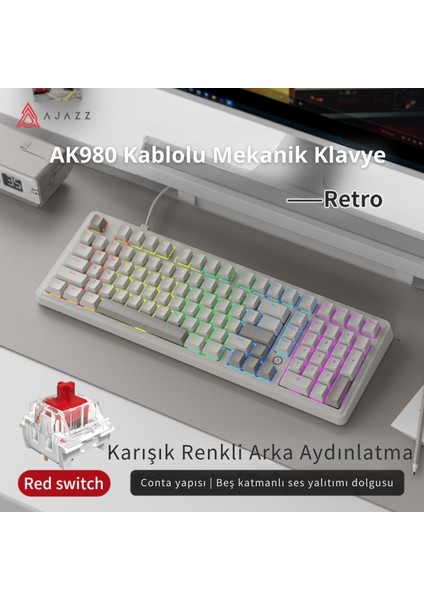 AK980 Red Switch Kablolu Mekanik Oyun Klavyesi- Rainbow Aydınlatmalı - Retro