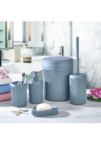 Gri 5 Parça Banyo Seti Çöp Kovası Klozet Fırçası Sıvı Sabunluk Diş Fırçalık ve Katı Sabunluk Seti