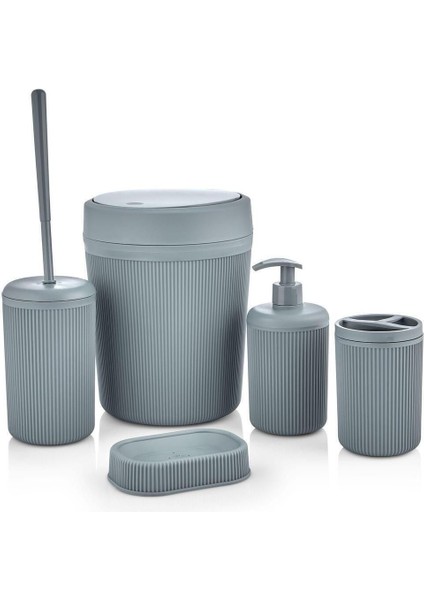 Gri 5 Parça Banyo Seti Çöp Kovası Klozet Fırçası Sıvı Sabunluk Diş Fırçalık ve Katı Sabunluk Seti fiyatları