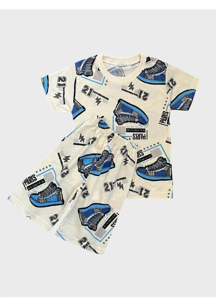 Erkek Çocuk Pamuklu Krem Rengi Ayakkabı Desenli Kısa Kollu Şortlu Yazlık Pijama Takımı