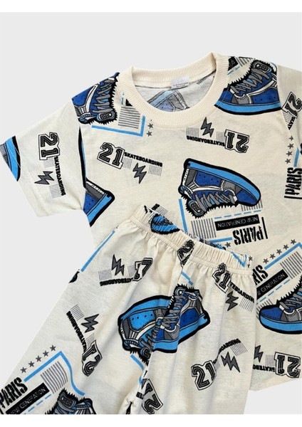 Erkek Çocuk Pamuklu Krem Rengi Ayakkabı Desenli Kısa Kollu Şortlu Yazlık Pijama Takımı modelleri