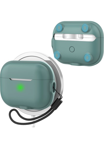 Airpods Pro 2 Için Silikon Kapak Kılıf Manyetik Kablosuz Şarj Kulaklık Koruyucu Kılıf Kayışlı-Yeşil (Yurt Dışından)