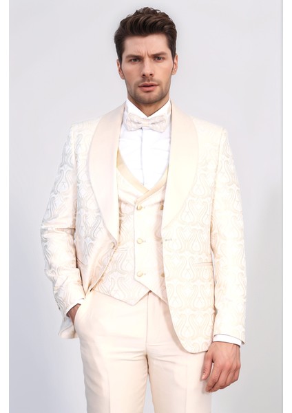 Dalgalı Desenli Şal Yaka Yelekli Krem Smokin - Wessi