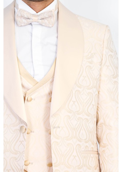 Dalgalı Desenli Şal Yaka Yelekli Krem Smokin - Wessi fiyatları