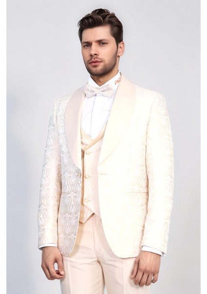 Dalgalı Desenli Şal Yaka Yelekli Krem Smokin - Wessi modelleri