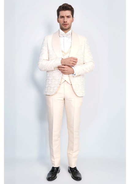 Dalgalı Desenli Şal Yaka Yelekli Krem Smokin - Wessi fırsatları