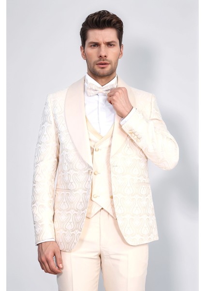 Dalgalı Desenli Şal Yaka Yelekli Krem Smokin - Wessi indirimleri