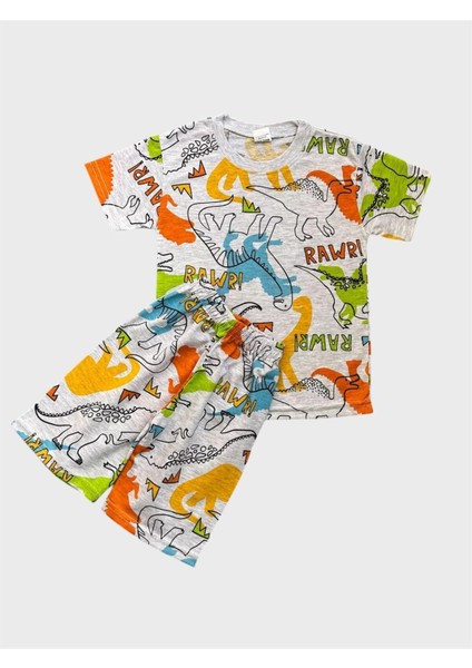 Erkek Çocuk Pamuklu Gri Dinozor Desenli Kısa Kollu Şortlu Yazlık Pijama Takımı